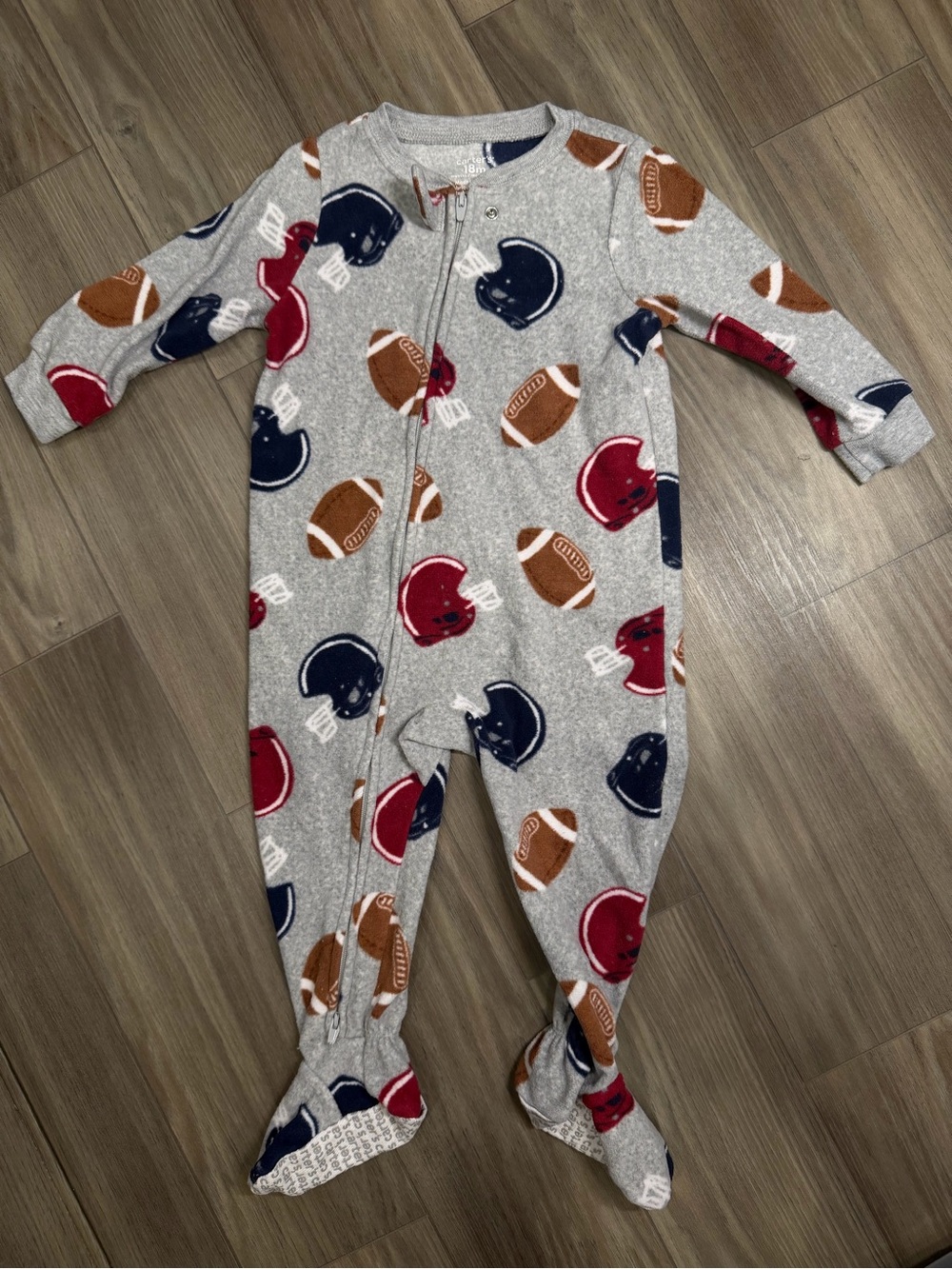 Carter's Gray Footed Pajamas with Red, Navy & Brown Football Print